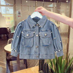9M-7Y Toddler Girls Lapel Pearl Denim Jackets  Girls Clothes  
