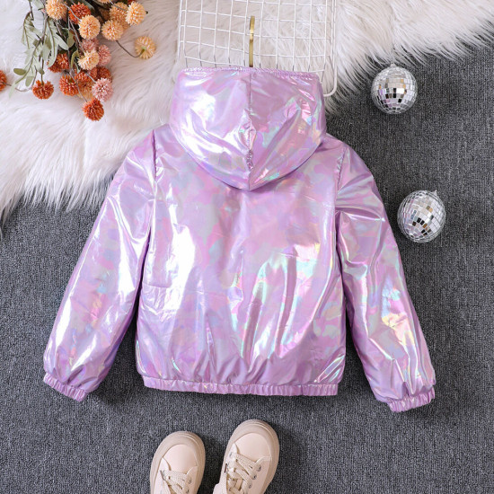 4-9Y Kids Girls Colorful Glossy Hooded Plush Zip-Up Jackets  Kids Clothes  