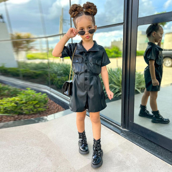 18M-7Y Toddler Girls Short Sleeve Waist Leather Jumpsuit  Girls Clothes  
