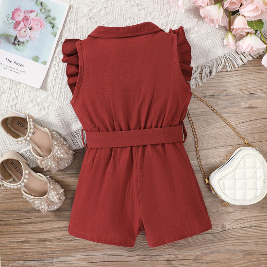 18M-6Y Toddler Girls Solid Lapel Rompers With Belt  Girls Clothes  