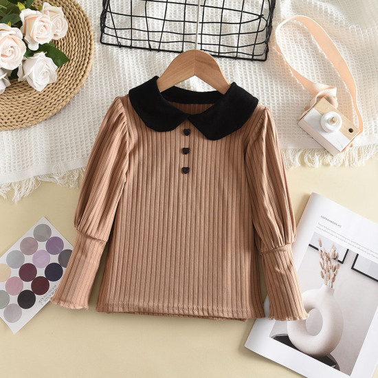 18M-7Y Toddler Girls Retro Doll Collar Long Sleeve Ribbed Bottoming Shirt  Girls Clothes  