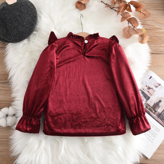 3-7Y Toddler Girls Ruffled Collar Long Sleeve Vintage Red Velvet Tops  Girls Clothes  