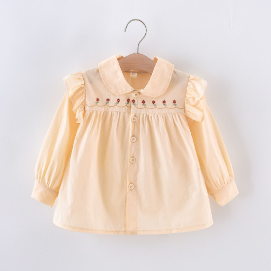 9M-6Y Toddler Girls Embroidered Flower Long Sleeve Doll Collar Shirt  Girls Clothes  