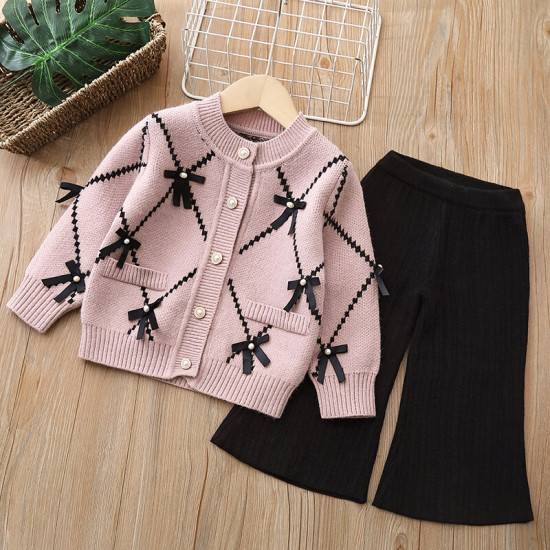 18M-6Y Toddler Girls Sets Knitted Bow Cardigan Sweater And Skirts  Girls Fashion Clothes  