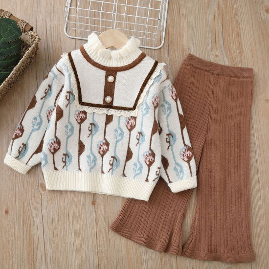 18M-6Y Toddler Girls Set Knitted Jacquard Sweater And Wide Leg Pants  Girls Fashion Clothes  