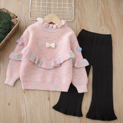 18M-6Y Toddler Girls Sets Ruffled Crew Neck Knitted Sweater And Pants  Girls Fashion Clothes  