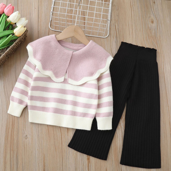 18M-6Y Toddler Girls Sets Striped Lapel Knitted Sweater And Wide Leg Pants  Girls Clothes  