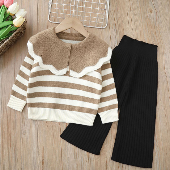 18M-6Y Toddler Girls Sets Striped Lapel Knitted Sweater And Wide Leg Pants  Girls Clothes  