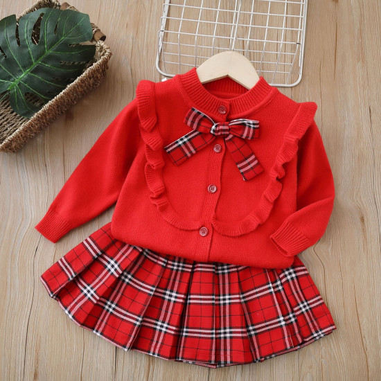 18M-6Y Toddler Girls Knitted Sets Bow Sweater Cardigan Plaid Skirts  Girls Clothes  