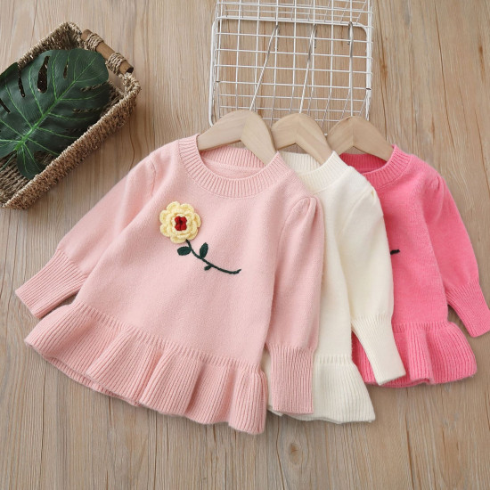 9M-5Y Toddler Girls Handmade Flower Knitted Sweater Dress  Girls Clothes  