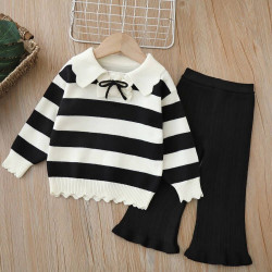 18M-6Y Toddler Girls Knitted Sets Striped Lapel Sweater And Flared Pants  Girls Clothes  