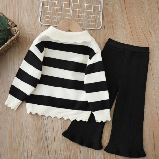 18M-6Y Toddler Girls Knitted Sets Striped Lapel Sweater And Flared Pants  Girls Clothes  