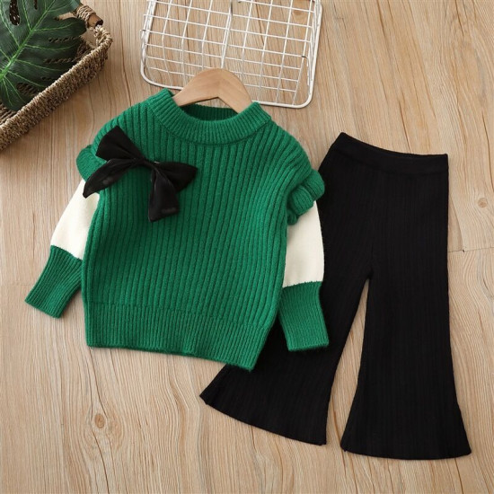 18M-6Y Toddler Girls Knitted Sets Bow Contrast Lapel Sweater Flared Pants  Girls Clothes  