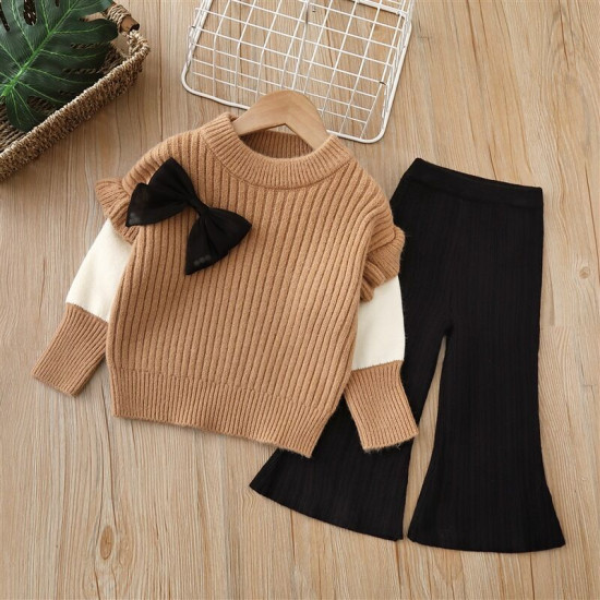 18M-6Y Toddler Girls Knitted Sets Bow Contrast Lapel Sweater Flared Pants  Girls Clothes  