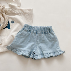 18M-7Y Toddler Girl Solid Color Wood Ear Hem Denim Shorts  Girls Fashion Clothes  