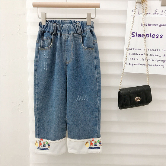 18M-6Y Toddler Girl Cartoon Bear Print Wide-Leg Jeans  Girls Clothes  