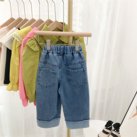 9M-6Y Toddler Girls Cuffed Cartoon Embroidered Loose-Fit Straight-Leg Jeans  Girls Clothes  