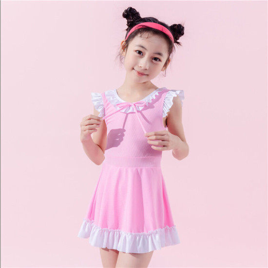 5-8Y Lace Lotus Flying Sleeve Texture Bowknot Dress Swimsuit  Kids Boutique Clothing  