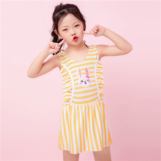 5-7Y Bunny Cartoon Print Sleeveless Lotus Swimwear Dress  Kids Boutique Clothing  