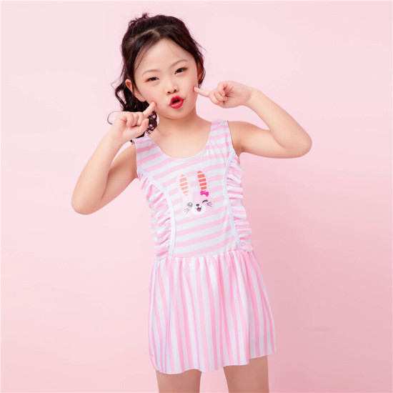 5-7Y Bunny Cartoon Print Sleeveless Lotus Swimwear Dress  Kids Boutique Clothing  