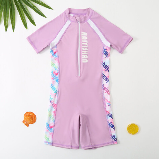5-9Y Letter Print Colorful Striped Short Sleeve Zipper Swimsuit Jumpsuit  Kids Boutique Clothing  