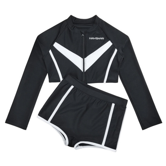 5-9Y Colorblock Long Sleeve Zipper Tops And Shorts Swimwear Set  Kids Boutique Clothing  