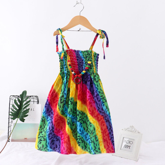 2-10Y Kid Girls Rainbow Flower Print Smocked Cami Dresses For Girls With Necklace  