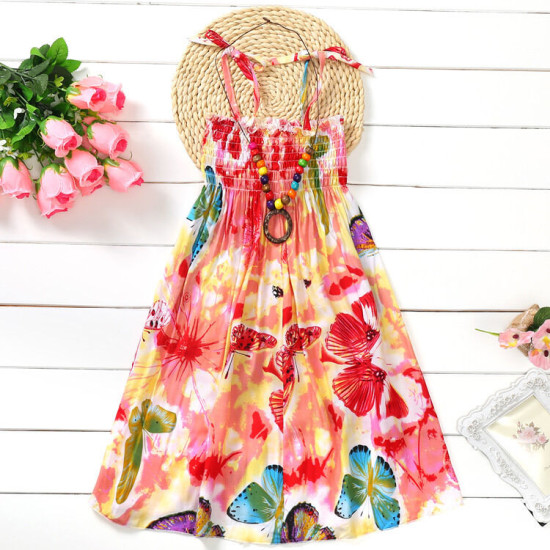 2-10Y Kid Girls Rainbow Flower Print Smocked Cami Dresses For Girls With Necklace  