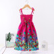 2-10Y Kid Girls Rainbow Flower Print Smocked Cami Dresses For Girls With Necklace  