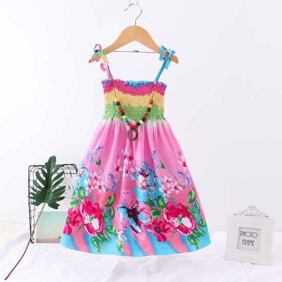 2-10Y Kid Girls Rainbow Flower Print Smocked Cami Dresses For Girls With Necklace  