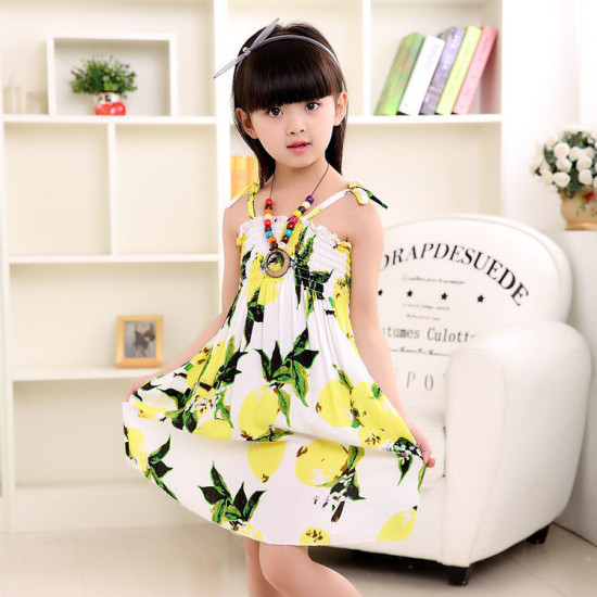 2-10Y Kid Girls Rainbow Flower Print Smocked Cami Dresses For Girls With Necklace  