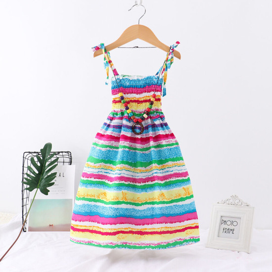 2-10Y Kid Girls Rainbow Flower Print Smocked Cami Dresses For Girls With Necklace  