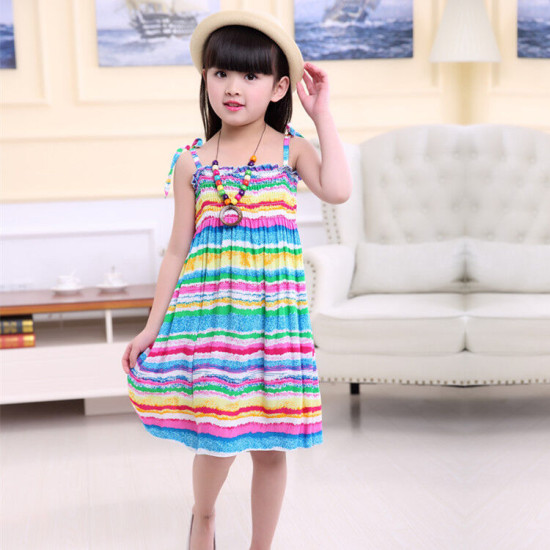 2-10Y Kid Girls Rainbow Flower Print Smocked Cami Dresses For Girls With Necklace  