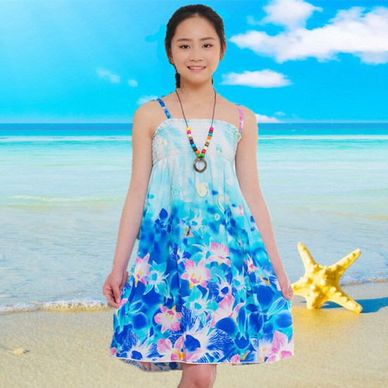 2-10Y Kid Girls Rainbow Flower Print Smocked Cami Dresses For Girls With Necklace  