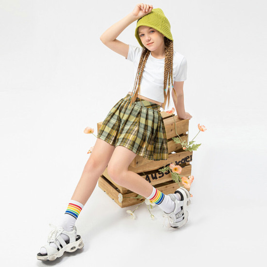 5-12Y Kids Girls Fake Two Pieces Plaid Pleated Skirt  Kids Clothing Suppliers  