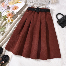 7-12Y Solid Color Knitwear Waistbelt Pleated Skirt  Kids Boutique Clothing  