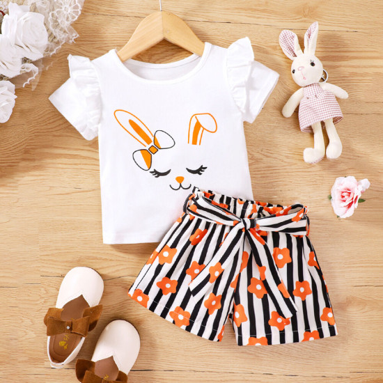 18M-6Y Toddler Girls Cartoon Bunny Print Striped Shorts Sets  Girls Clothes  
