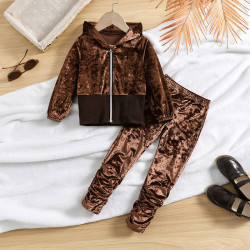 3-7Y Toddler Girls Sets Velvet Hooded Jackets & Waisted Trousers  Girls Clothes  