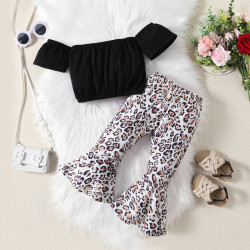 18M-6Y Toddler Girls Sets Off-Shoulder Crop Top Leopard Print Flared Pants  Girls Clothes  
