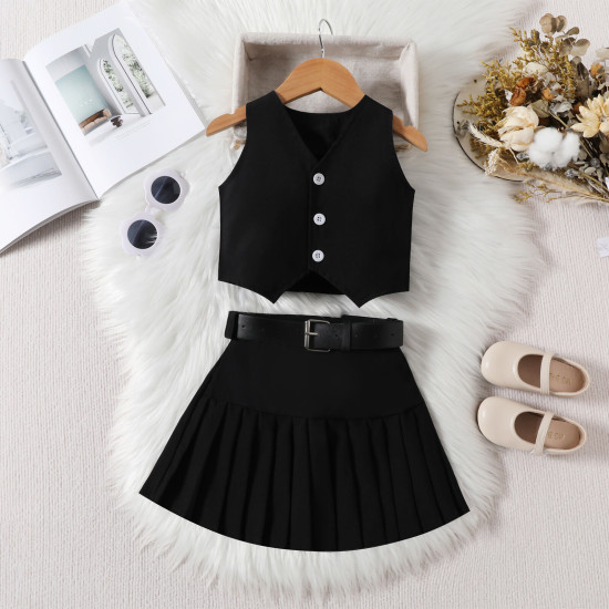 18M-6Y Toddler Girls Sets V-Neck Single Breasted Vest Pleated Skirt With Belt  Girls Clothes  