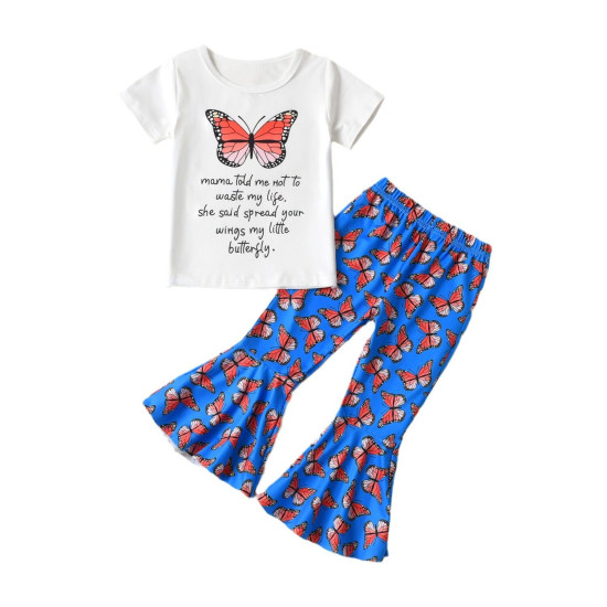 18M-6Y Toddler Girls Sets Short Sleeve T-Shirt Butterfly Print Flare Pants  Girls Clothes  