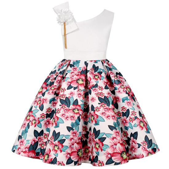 2-8Y Kids Girls Slanted Shoulders Flower Party Dresses  Kids Clothes  