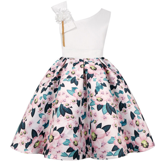 2-8Y Kids Girls Slanted Shoulders Flower Party Dresses  Kids Clothes  