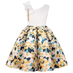 2-8Y Kids Girls Slanted Shoulders Flower Party Dresses  Kids Clothes  