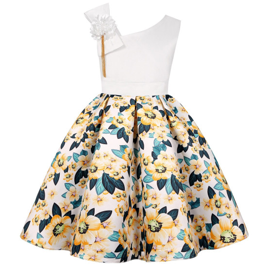 2-8Y Kids Girls Slanted Shoulders Flower Party Dresses  Kids Clothes  