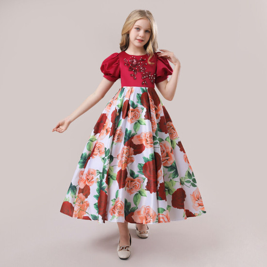 4-10Y Kids Girls Party Puff Sleeve Flower Princess Dresses  Clothing Kidswear  