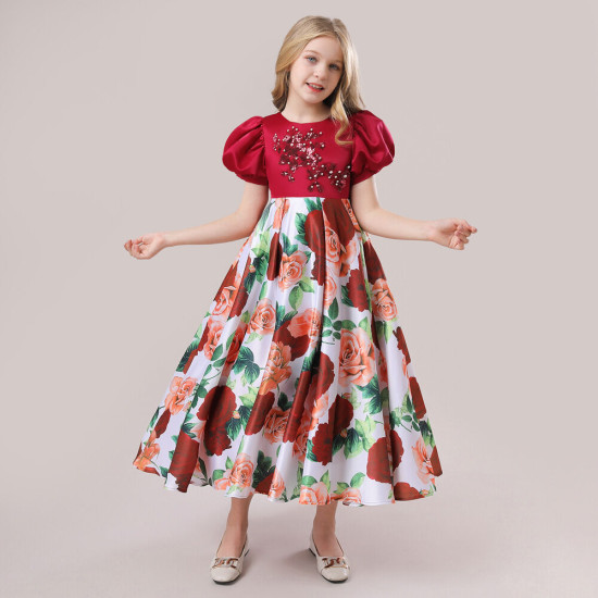 4-10Y Kids Girls Party Puff Sleeve Flower Princess Dresses  Clothing Kidswear  