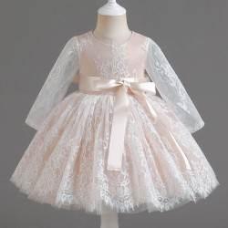 2-5Y Toddler Girls Long Sleeve Embroidered Lace Princess Dress With Bow  Girls Clothes  
