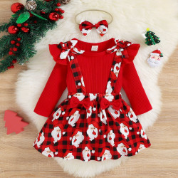 9M-5Y Christmas Toddler Girls Sets Santa Plaid Print Bow Suspender Skirt Tops  Baby Clothing  