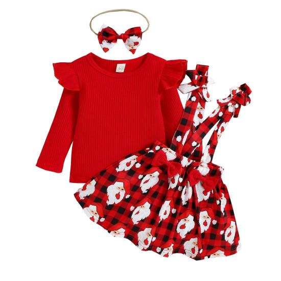 9M-5Y Christmas Toddler Girls Sets Santa Plaid Print Bow Suspender Skirt Tops  Baby Clothing  